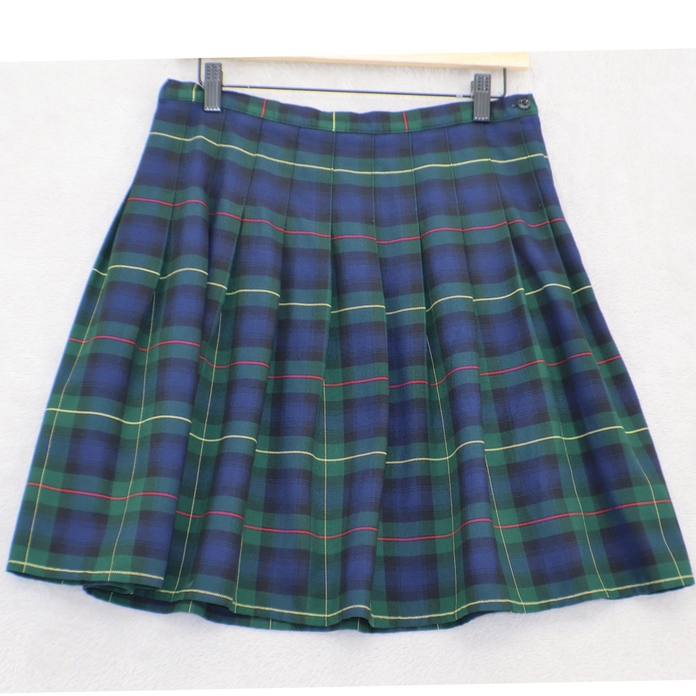 Lands End Plaid Pleated Skirt Womens 8 Green Blue Tartan Preppy Academia